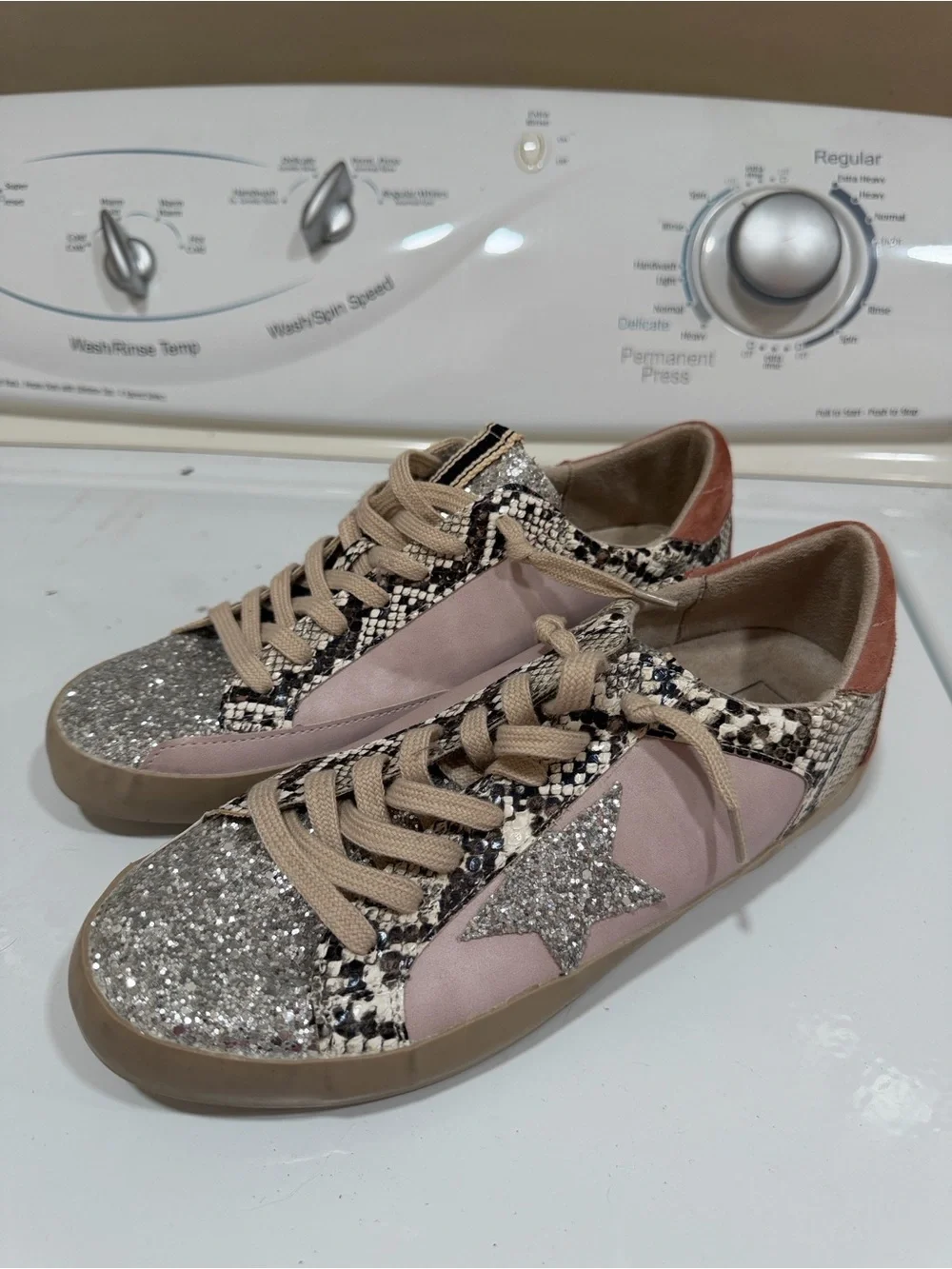 ShuShop Pink Glitter Star Sneakers with Snake-Print Trim